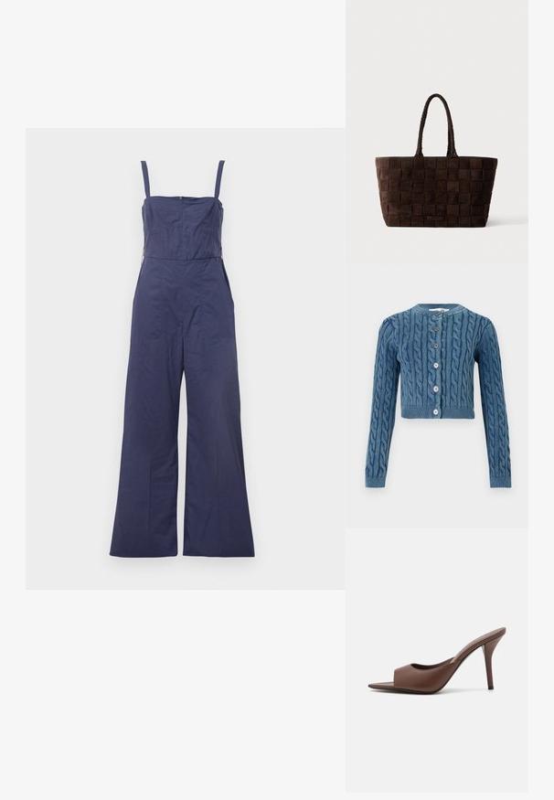 Mørkeblå jumpsuit med tynde stropper, tætsiddende bodice og brede bukser. Har en lynlås bagpå og en glat stofstruktur.; Strikket blå cropped cardigan med kabelmønster, rund halsudskæring og fem knaplukninger. Lange ærmer med ribbede manchetter og bund.; Brune læder open-toe højhælede mules med et slankt design, der har en bred frontrem og en slank stiletto-hæl.; Brun ruskindstaske med flettet mønster, rektangulær form og fletninghåndtag. Har en flad bund og en diskret logodetalje.