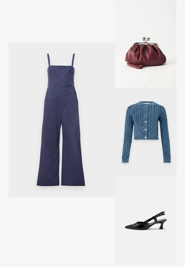 Mørkeblå jumpsuit med tynde stropper, tætsiddende bodice og brede bukser. Har en lynlås bagpå og en glat stofstruktur.; Strikket blå cropped cardigan med kabelmønster, rund halsudskæring og fem knaplukninger. Lange ærmer med ribbede manchetter og bund.; Sort laklæderslingback med lille hæl, spids tå og justerbar guldlåsrem på hvid baggrund.; Lille bordeauxlæder clutch-pung med sølv metal lukning og håndledsrem på hvid baggrund.