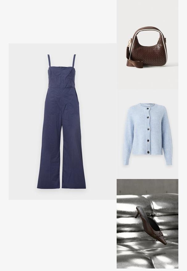 Mørkeblå jumpsuit med tynde stropper, tætsiddende bodice og brede bukser. Har en lynlås bagpå og en glat stofstruktur.; Lyseblå cardigan lavet af blødt, ribbet materiale, med rund halsudskæring, lange ærmer og seks sorte knapper nedad foran.; Brun spids tå hæl mule med spænde detalje svævende over en skinnende sølv tuftet læderoverflade.; Brun vævet læderhåndtaske med hvid piping, guldfarvet lynlås og aftagelig brun stofskulderrem.
