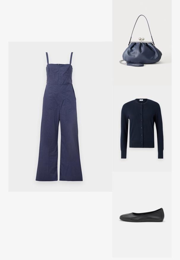 Marineblauwe overall met dunne bandjes, aansluitend lijfje en wijde broekspijpen. Beschikt over een ritssluiting aan de achterkant en een gladde stofstructuur.; Filippa K CARDIGAN - Vest - navy; Zwarte leren ballerina met een ronde neus, gladde textuur, minimale stikdetails en een flexibele zoolontwerp.; Zachte navyblauwe leren handtas met zilveren sluiting, enkele schouderband en afneembare ketting polsband op witte achtergrond.