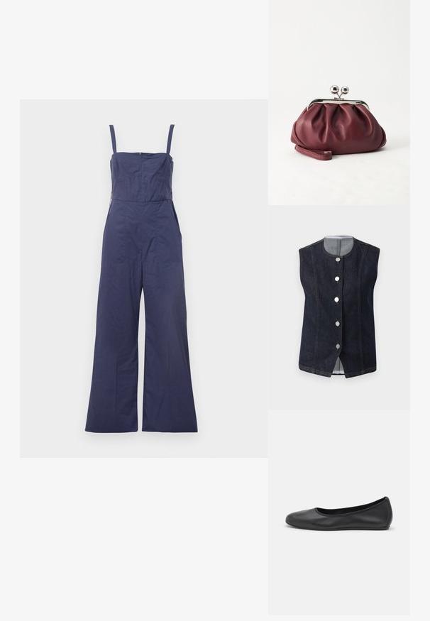 Nachtblauer Jumpsuit mit dünnen Trägern, tailliertem Oberteil und weitem Bein. Verfügt über einen Reißverschluss im Rücken und eine glatte Stoffoberfläche.; Dunkelblaues, ärmelloses Denim-Weste mit runder Ausschnitt und fünf metallischen Knöpfen auf der Vorderseite, die ein hellgraues Innenfutter am Kragen zeigen.; Schwarze Leder-Ballettschuhe mit abgerundeter Spitze, glatter Textur, minimalen Nähdetails und einem flexiblen Sohlen-Design.; Kleine burgunderrote Lederclutch mit silbernem Metallverschluss und Handgelenksriemen auf weißem Hintergrund.