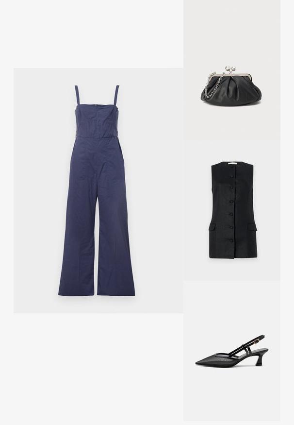 Tumesinine jumpsuit õhukeste rihmadega, sobiva kehaga ja laia jala lõikega. Omab tagumist tõmblukku ja siledat kangast.; Riideta must vest, mis on valmistatud tekstuuriga kangast, sirge lõikega, kuue nupuga ja kahe esilise taskuga. Lihtne ja struktureeritud disain.; Mustad terava ninaga slingback-kingad võrgust pealse, õhukeste rihmade, kuldse pandla ja madala kumerdatud kontsaga valgel taustal.; Musthave musta nahast käekott, millel on volditud tekstuur, hõbedane metallraam, lukustatud sulgemismehhanism ja kett. Sile ja pehme pind.