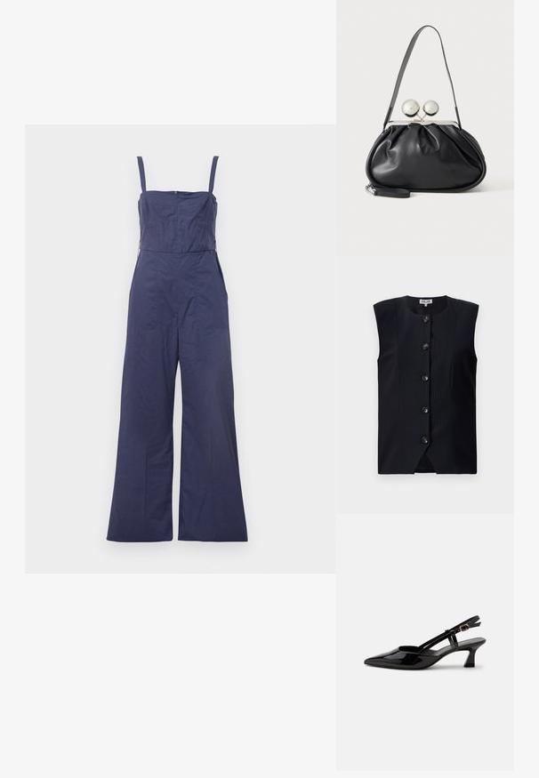 Nachtblauer Jumpsuit mit dünnen Trägern, tailliertem Oberteil und weitem Bein. Verfügt über einen Reißverschluss im Rücken und eine glatte Stoffoberfläche.; Marineblauer ärmelloser Weste mit geradem Schnitt, vertikalen Nadelstreifen und sechs Vorderknöpfen, runder Halslinie und einem leichten Schlitz am Boden.; Schwarzer Slingback-Pumps aus Lackleder mit spitzer Spitze und verstellbarem goldfarbenem Riemen auf weißem Hintergrund.; Schwarze Ledertasche mit gerafftem Design, einem einzelnen Riemen, silbernem Metallrahmen und zwei großen runden silbernen Verschlüssen.