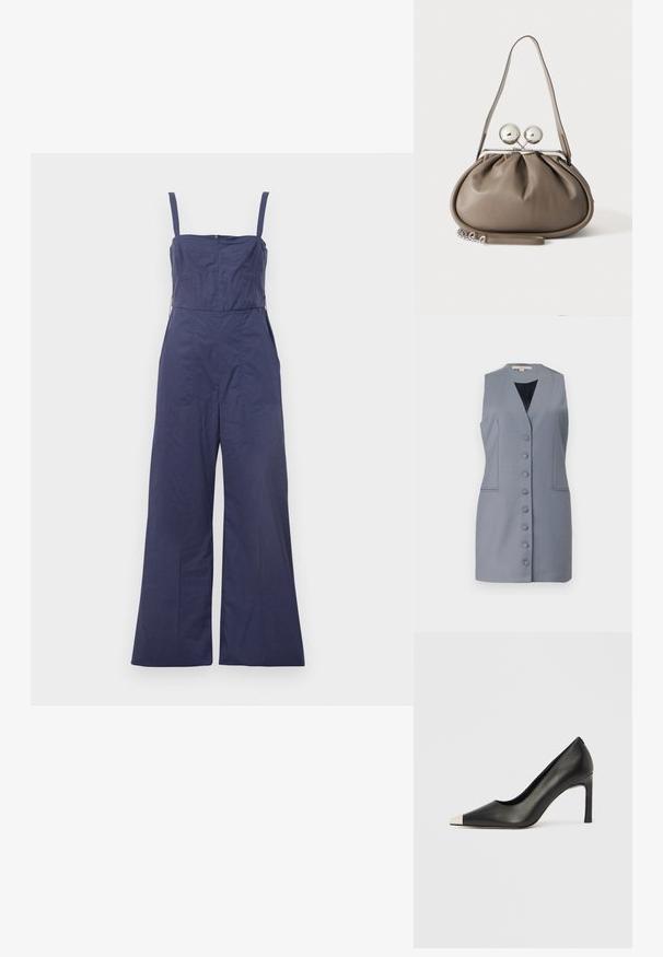 Tumesinine jumpsuit õhukeste rihmadega, sobiva kehaga ja laia jala lõikega. Omab tagumist tõmblukku ja siledat kangast.; Kaeluseta hall kleit V-kaelusega, millel on nööpidega esiosa, küljetaskud ja kohandatud lõige. Valmistatud siledast kangast, millel on peen tekstuur.; Mustast nahast kõrge kontsaga king terava varba ja metallik hõbedase otsikuga. Iseloomustab sile viimistlus ja sihvakas 10 cm konts.; Hall nahast käekott ümarate vormidega, pealmise kinnitusdetailiga, millel on kaks suurt hõbedast palli ja üks rihm.