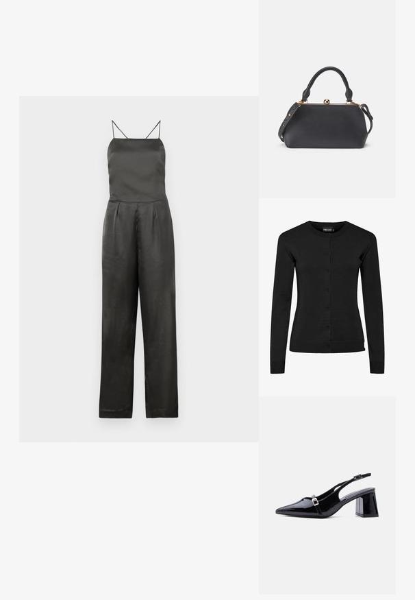 Mono de satén negro con tirantes finos tipo espagueti, un cuerpo ajustado, cintura plisada y pantalones de pierna ancha. Textura suave y diseño minimalista.; Cardigan negro de manga larga hecho de material de punto, con cuello redondo, cierre de botones y puños y dobladillo acanalados. Sin patrones ni acentos.; Zapato de mujer tipo slingback de charol negro con punta afilada, tacón bajo y cuadrado, y dos hebillas pequeñas plateadas en las correas.; Bolso de cuero negro con parte superior redondeada, mango corto y correa desmontable. Presenta un cierre metálico y una textura suave.