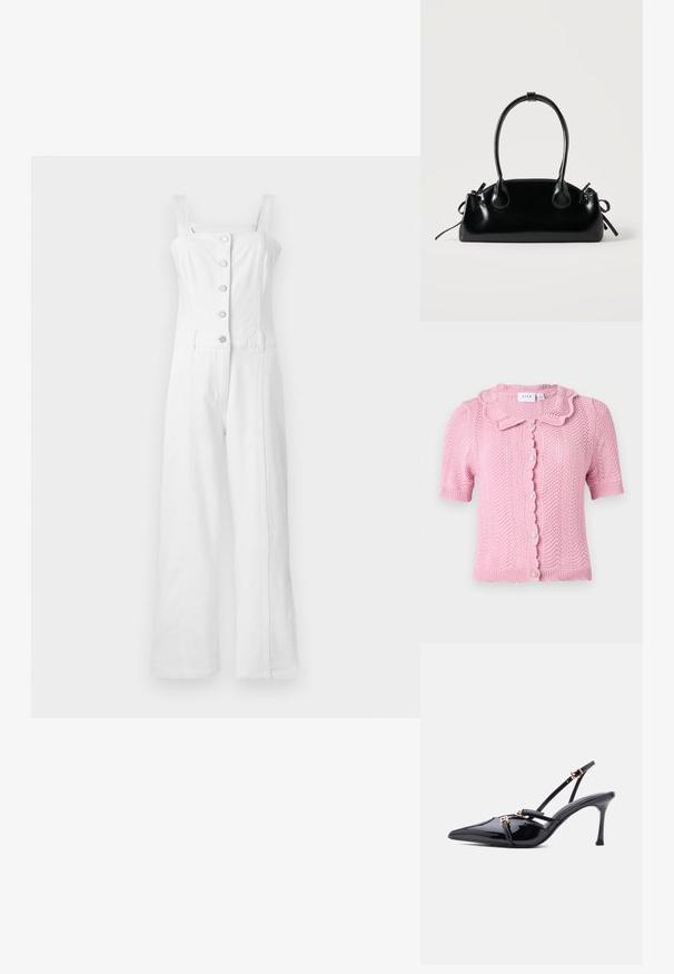 Hvid denim jumpsuit med brede ben, firkantet halsudskæring og justerbare stropper. Har fem knapper foran og sidelommer.; VILA VILUND SHIRT - Cardigan - sangria sunset; Sort laklæder spids tå slingback-hæl med tynde stropper og små spænder i guldton på en hvid baggrund.; Lille sort blank håndtaske med to lange håndtag og snøre-detaljer i siden på en ensfarvet lys baggrund.