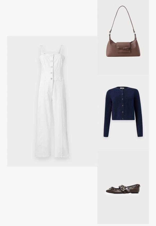 Combinaison en denim blanc avec des jambes larges, encolure carrée et bretelles ajustables. Comprend cinq boutons sur le devant et des poches latérales.; JDY JDYCHLOE LIFE CARDIGAN - Gilet - night sky; Chaussure plate en cuir marron foncé avec bout pointu, doubles brides à boucles argentées, œillets métalliques et nœud décoratif à l'avant.; Sac à bandoulière en cuir marron avec une poche à rabat avant ornée d'un détail en forme de nœud cousu et une sangle réglable.
