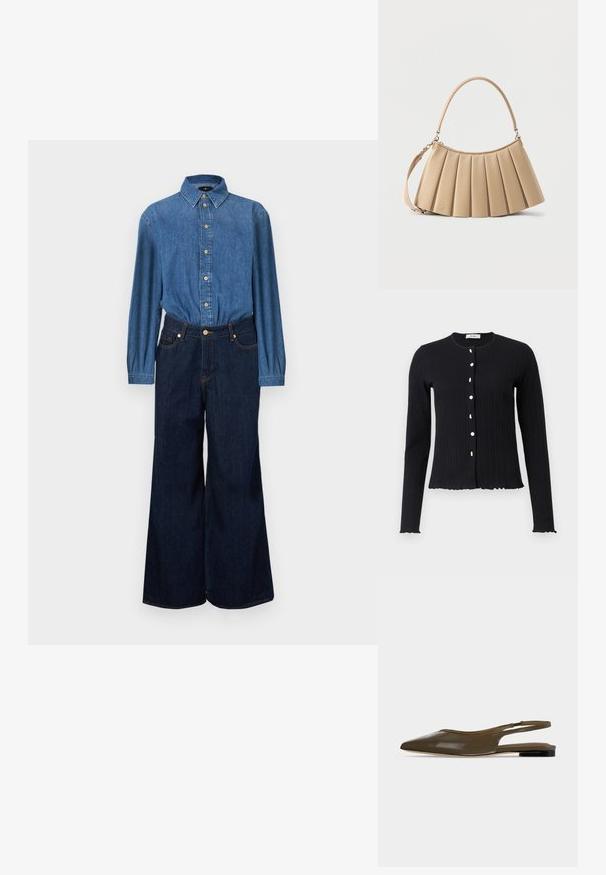 Spijkershirt met een knoopsluiting aan de voorkant, blauwe stof en lange mouwen, gecombineerd met high-waisted, wijd uitgesneden donkerblauwe spijkerbroeken. Contrasterende stiksels zichtbaar.; Zwarte geribbelde lange mouwen cardigan met een ronde halslijn, voorzien van zes witte knopen en een gegolfde zoom bij de manchetten en onderkant.; Olijfgroene platte slingback met spitse neus, lage zwarte hak en een gladde, glanzende afwerking.; Beige plissé schoudertas met afgeronde handgreep aan de bovenkant en afneembare band, gemaakt van glad leer met een subtiel logodetail bij de basis.