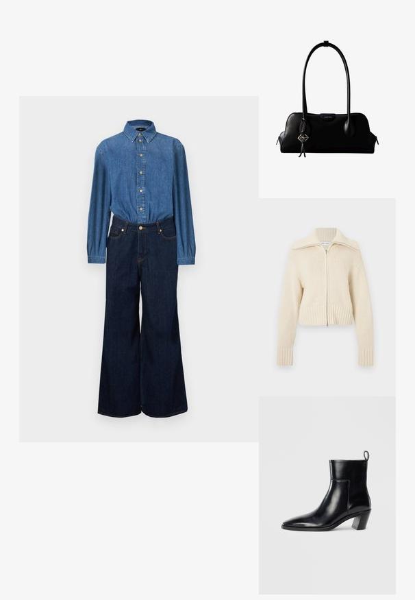 Chemise en denim avec fermeture boutonnée sur le devant, tissu bleu et manches longues, associée à un jean taille haute à jambes larges de couleur bleu foncé. Coutures contrastantes visibles.; Pull crème raccourci avec col et poignets côtelés, doté d'une fermeture éclair complète et d'un motif en tricot texturé.; Bottine en cuir noir avec un bout pointu, un talon empilé géométrique et une languette à l'arrière. Texture lisse et design épuré.; Sac à main en cuir noir Calvin Klein avec de longues anses, une étiquette logo à l'avant et un charme géométrique argenté suspendu à une anse.