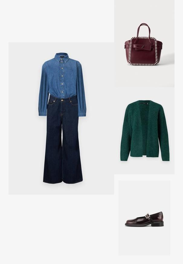 Spijkershirt met een knoopsluiting aan de voorkant, blauwe stof en lange mouwen, gecombineerd met high-waisted, wijd uitgesneden donkerblauwe spijkerbroeken. Contrasterende stiksels zichtbaar.; Vero Moda VMNOVAH - Vest - pine grove; Enkele glanzende donker bordeauxrode Mary Jane schoen met brede band en zilveren gesp, lage blokhak en afgeronde neus op witte achtergrond.; Bordeauxrode leren handtas met wit gestikte rand, dubbele handvatten en een voorflap die is beveiligd met een zilveren pin sluiting.