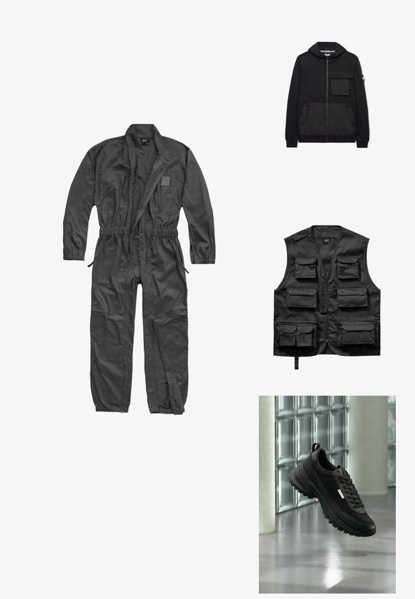Zwarte overall met lange mouwen, ritssluiting aan de voorkant, elastische taille en manchetten, meerdere ritszakken en een opstaande kraag met drukknop.; Zwarte vest van lichtgewicht stof, met zes voorzakken, een ritssluiting aan de voorkant en een knoopsluiting op de linkerschouder.; Zwarte hoodie met rits en voorklepzak, twee zijzakken met knopen, geribbelde manchetten en een klein patch op de linkermouw.; Zwarte sportieve sneaker met mesh zijkanten en dikke zool, die binnen zweeft nabij glasblokken en zuilen op een gladde vloer.