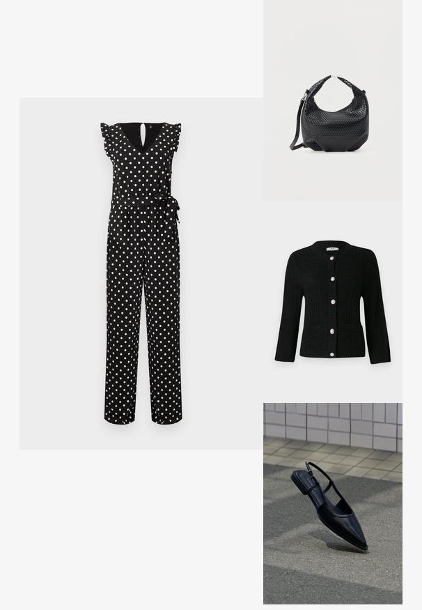 Must valge täpilise mustriga varrukateta kombinesoon, V-kaelusega, volangidega õlgadega ja vöödiga, mis on vöökoha peal seotud.; JDY JDYJANNE O NECK CARDIGAN - Kardigan - black; Must terava ninaosaga rihmlakk king seisab asfaldipinnal, selle kõrval on plaaditud kõnnitee.; Mustast punutud nahast käekott lühikese sangaga ja eemaldatava õlarihmaga, esitatud lameda heleda tausta ees.