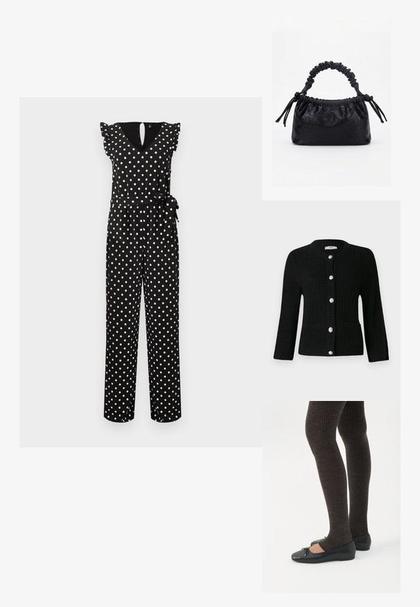 Combinaison noire sans manches à pois blancs, col en V, épaules volantées et ceinture nouée à la taille.; JDY JDYJANNE O NECK CARDIGAN - Gilet - black; Jambes portant des leggings côtelés foncés associés à des ballerines noires avec de petits détails en nœud sur fond blanc.; Sac à main noir avec texture crocodile, bord supérieur froncé, poignée plissée et pompons à cordon de chaque côté sur fond blanc.