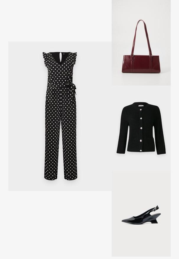 Schwarzer ärmelloser Jumpsuit mit weißen Punkten, V-Ausschnitt, gerafften Schultern und gebundenem Taillengürtel.; JDY JDYJANNE O NECK CARDIGAN - Strickjacke - black; Schwarzer Slingback-Schuh aus Lackleder mit spitzer Spitze und niedrigem, schrägem Blockabsatz auf einfachem hellem Hintergrund.; Burgunderfarbene Handtasche aus glänzendem Material, rechteckige Form, mit zwei Schulterriemen und subtilen, geschwungenen Akzenten an der Vorderseite.