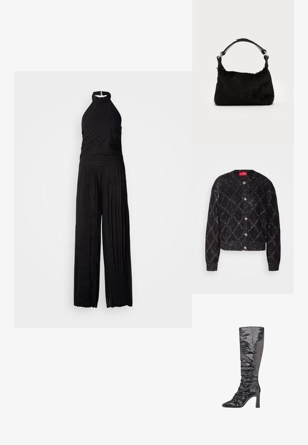 Sort jumpsuit med halterneck, plisseret tekstur og vid ben-design. Lavet af letvægtsmateriale, perfekt til formelle anledninger.; Sort cardigan med et funklende diamantmønster, knaplukning og ribbede manchetter. Fremstillet af et tekstureret materiale med en glansfuld finish.; Knæhøje sorte støvler med perler, spids tå, struktureret hæl og samlet tekstur langs skaftet for en tætsiddende silhuet.; Sort faux fur håndtaske med en blød tekstur, rund form og en robust skulderrem i sort læder. Synlige sølvhardware-detaljer.