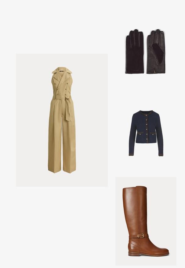 Beige jumpsuit met wijde pijpen, een dubbelgeknoopte sluiting, grote revers en een ceintuur in de taille. Gemaakt van een glad, gestructureerd materiaal.; Marineblauwe gebreide cardigan met lange mouwen, voorzien van een franjes in bruin, gouden knopen en twee voorzakken.; Bruine leren kniehoge laars met een kleine gouden gesp en het "RL" logo op de band bij de enkel, platte hak en een gladde afwerking.; Donkerbruine leren handschoenen met een gladde buitenafwerking, ontwerp met vijf vingers en een binnenvoering. Inclusief een kleine opening bij de pols.