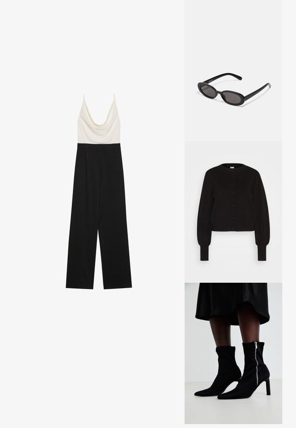 Mono con cuello de cisne que presenta un cuerpo ajustado en marfil y pantalones de pierna ancha en negro, hecho de una tela suave y ligera. Sin cinturas visibles.; Cárdigan negro de punto con cuello redondo, mangas largas y cierre de botones. Presenta un dobladillo y puños acanalados para dar textura.; Botas negras hasta el tobillo con un cuerpo de tela elástica, punta afilada y cierre lateral de cremallera, sobre un tacón fino y alto.; Even&Odd by Zalando Gafas de sol - black