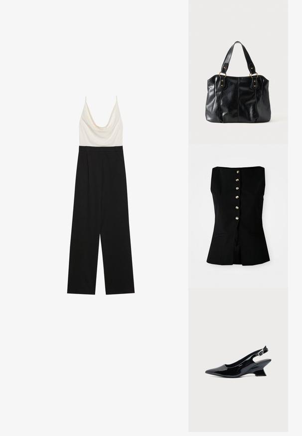 Jumpsuit mit Kapuzenkragen, der ein enganliegendes, elfenbeinfarbenes Oberteil und weite schwarze Hosen aus einem glatten, leichten Stoff kombiniert. Keine sichtbaren Verschlüsse.; Schwarzes ärmelloses Oberteil mit geradem Halsausschnitt, ausgestattet mit einer Vorderseite, die aus sechs Knöpfen aus Metallic-Material besteht, sowie seitlichen Taschen. Maßgeschneiderte Passform.; Schwarzer Slingback-Schuh aus Lackleder mit spitzer Spitze und niedrigem, schrägem Blockabsatz auf einfachem hellem Hintergrund.; Schwarze Leder-Schultertasche mit doppelten Trägern, befestigt durch goldene Ringe und Nieten, glatte und leicht glänzende Oberfläche, schlichtes Design.