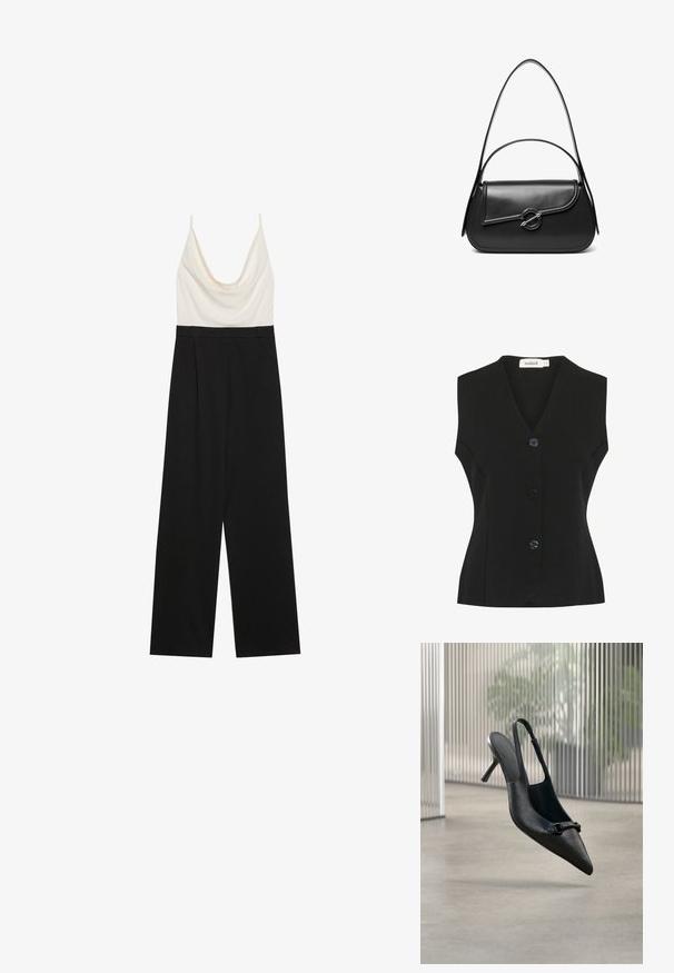 Jumpsuit met een kraag en een aansluitend ivoorkleurig bovenlichaam en wijde zwarte broekspijpen, gemaakt van een gladde, lichtgewicht stof. Geen zichtbare sluitingen.; Zwarte mouwloze vest met V-hals, voorzien van vier grote ronde knopen en een getailleerde pasvorm. Geverfde breisel stof.; Zwarte, gestructureerde leren slingback hoge hak schoen met een puntige neus en een kleine decoratieve gesp, zwevend boven een gladde vloer.; Zwarte leren schoudertas met een gebogen klep die is bevestigd met een ronde metalen sluiting en een smalle, verstelbare band.