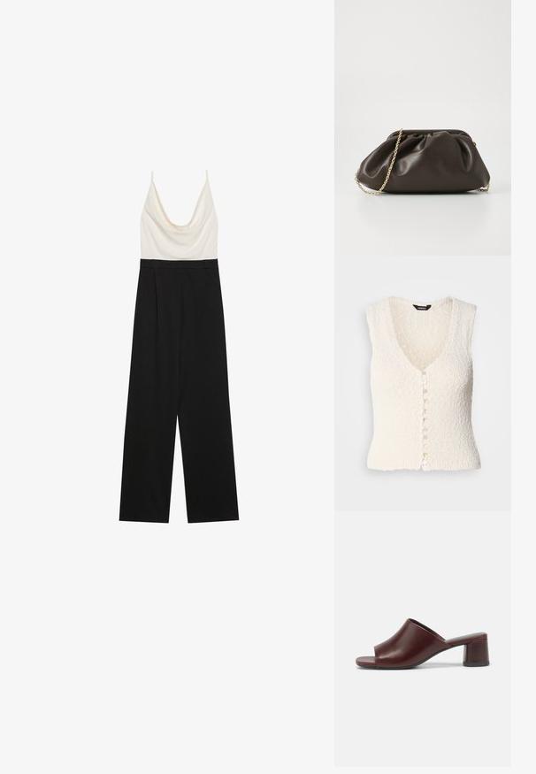 Combinaison à col bénitier présentant un corsage ajusté ivoire et un pantalon large noir, confectionnée dans un tissu léger et lisse. Sans fermetures visibles.; Gilet en tricot sans manches blanc avec un col en V et un tissu texturé. Il présente une fermeture à bouton avec des boutons ronds de couleur claire.; Sandales ouvertes couleur bordeaux foncé en cuir lisse, avec un design arrondi et un talon épais pour la stabilité. Vue de côté présentée.; Sac à main en cuir marron avec un design froncé, une bandoulière en chaîne dorée et une finition douce et texturée. Sa forme compacte est idéale pour une utilisation en soirée.