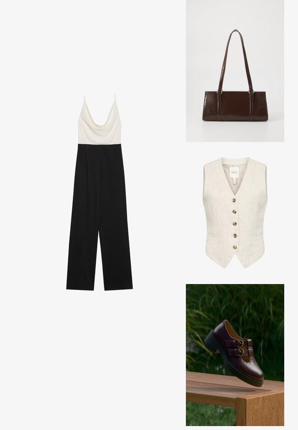 Jumpsuit met een kraag en een aansluitend ivoorkleurig bovenlichaam en wijde zwarte broekspijpen, gemaakt van een gladde, lichtgewicht stof. Geen zichtbare sluitingen.; Linnen vest in lichtbeige met een v-hals, vijf bruine knopen en twee zijzakken. Beschikt over een soepele textuur en een tailored fit.; Donkerbruine leren schoen met dubbele gespbanden, geperforeerde details en dikke zwarte zool, hangend boven een houten tafel buiten.; Bruine lakleren handtas met een rechthoekige vorm, twee lange handvatten en subtiele gebogen accenten aan de voorkant.