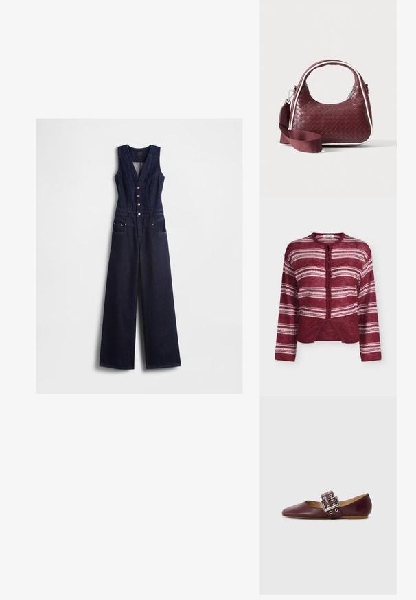 Donkere blauwe denim jumpsuit met een V-hals, mouwloos ontwerp, vijf knopen aan de voorkant en brede pijpen. Voorzien van twee zijzakken.; Knopen maroon cardigan met horizontale witte strepen, lange mouwen en een ronde hals, getoond op een effen achtergrond.; Bordeaux leren balletflat met puntige neus, brede band met een zilveren gesp en meerdere gaten, platte zool, gladde textuur.; Donkerrode geweven leren handtas met gebogen handvat, witte bies, zilveren rits en afneembare brede stoffen schouderriem tegen een effen achtergrond.