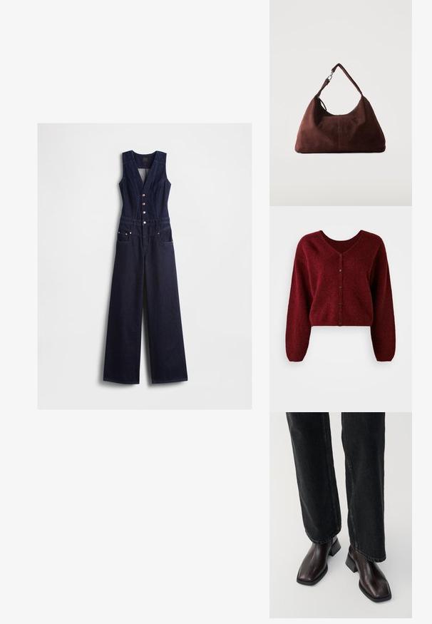 Donkere blauwe denim jumpsuit met een V-hals, mouwloos ontwerp, vijf knopen aan de voorkant en brede pijpen. Voorzien van twee zijzakken.; Geknipte bordeaux cardigan gemaakt van pluizig materiaal met een V-hals, knoopsluiting en lange, losse mouwen.; Bruine leren enkellaarsjes met een vierkante neus en blokhak, gecombineerd met zwarte wijde jeans. Glad textuur en minimalistisch ontwerp.; Zachte bruine suède schoudertas met een enkele riem en zilverkleurige metalen accenten op een effen lichte achtergrond.