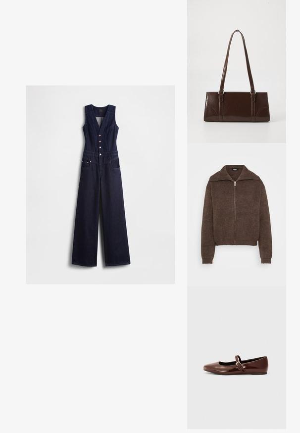 Denim-dragter i mørkeblå med v-udskæring, ærmeløs design, fem knapper foran og vide ben. Har to sidelommer.; Brun strikket sweater med høj krave og lynlås foran. Har ribbede mansjetter og kant, der giver et struktureret udseende.; Brun patentlæder balletflade med firkantet tå og strop med en lille guldbuckle. Glat tekstur, lav hæl og minimalistisk design.; Brun lakeret håndtaske med rektangulær form, to lange håndtag og subtile buede detaljer på fronten.