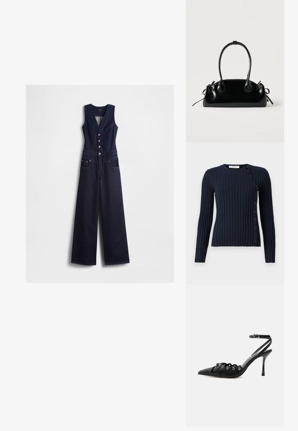 Donkere blauwe denim jumpsuit met een V-hals, mouwloos ontwerp, vijf knopen aan de voorkant en brede pijpen. Voorzien van twee zijzakken.; Marineblauwe gebreide trui met lange mouwen, ronde halslijn en knoopsluiting aan de linkerkant. Gemaakt van een zachte breimaterialen.; Zwarte pumps met hoge hak en spitse neus, gegolfde randen, metalen oogjes, vetergespsluiting aan de voorzijde en enkelriem met gespsluiting.; Kleine zwarte glanzende handtas met twee lange hengsels en zijkant trekkoord details op een effen lichte achtergrond.