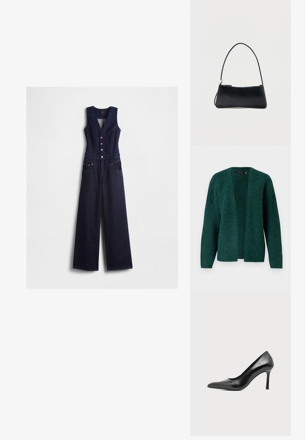 Donkere blauwe denim jumpsuit met een V-hals, mouwloos ontwerp, vijf knopen aan de voorkant en brede pijpen. Voorzien van twee zijzakken.; Vero Moda VMNOVAH - Vest - pine grove; Zwarte lakleren damesschoen met hoge hak, puntige neus en smalle hak op een effen lichte achtergrond.; Zwart rechthoekig handtasje met een dunne band en ritssluiting, afgebeeld tegen een effen witte achtergrond.