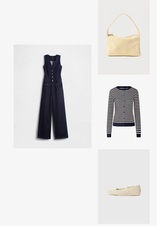 Denim-Overall in Dunkelblau mit V-Ausschnitt, ärmellosem Design, fünf vorderen Knöpfen und weitem Bein. Verfügt über zwei Seitentaschen.; Marineblaue und cremefarbene gestreifte Strickjacke aus weichem Strickstoff, mit Rundhalsausschnitt, langen Ärmeln und Knopfverschluss vorne.; Beige Ballerinas aus glattem Leder mit mandelförmiger Zehenpartie und elastischem Riemen über dem Fußrücken, ausgestattet mit dezenten Nähtelementen.; Kleine beige Ledertasche mit einem einzigen Riemen und silbernen Nieten entlang der Kanten und des Riemens, vor einem schlichten Hintergrund.