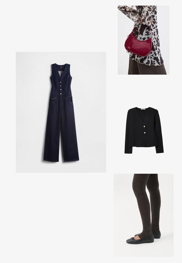 Donkere blauwe denim jumpsuit met een V-hals, mouwloos ontwerp, vijf knopen aan de voorkant en brede pijpen. Voorzien van twee zijzakken.; Zwarte gebreide cardigan met een V-hals, voorzien van twee gouden knopen en een licht uitlopende zoom. Zachte textuur en lange mouwen.; Benen met donkere geribbelde leggings gecombineerd met zwarte ballerina's met kleine strikdetails op een witte achtergrond.; Vrouw met een zwart-wit gebloemde blouse houdt een glanzende rode schoudertas vast tegen een effen achtergrond.
