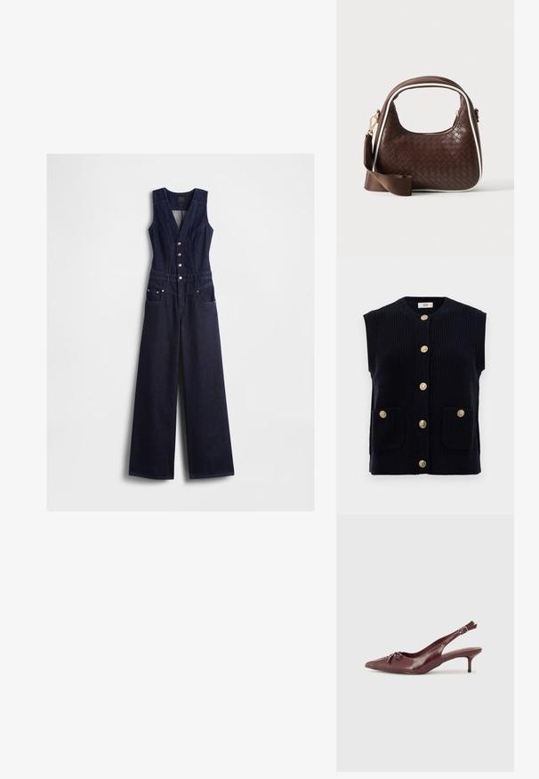 Denim-dragter i mørkeblå med v-udskæring, ærmeløs design, fem knapper foran og vide ben. Har to sidelommer.; Marineblå strikket vest med rund hals, korte ærmer og seks gyldne knaplukninger. Har to forlommer.; Bordeaux læder slingback hæl med spidse tå, justerbar rem og dekorativ sløjfedetalje foran. 7,5 cm hælhøjde.; Brun vævet læderhåndtaske med hvid piping, guldfarvet lynlås og aftagelig brun stofskulderrem.