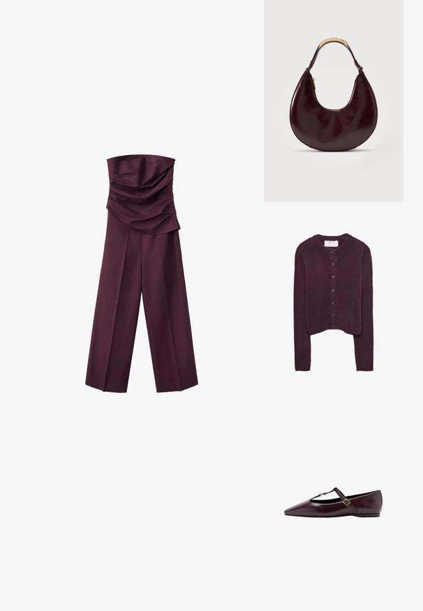 Combinaison prune sans bretelles avec un corsage froncé et plié et un pantalon à jambes larges, présentée sur fond blanc.; Cardigan bourgogne au design court, avec un col rond et sept boutons sur le devant. Tissu en tricot texturé doux.; Ballerine à bout pointu en cuir bordeaux foncé. Elle présente une bride T avec une petite boucle et un talon bas. Texture lisse avec des accents minimalistes.; Sac à main en cuir marron foncé en forme de croissant avec une poignée courte ornée d'un accent en métal doré et une fermeture éclair latérale.