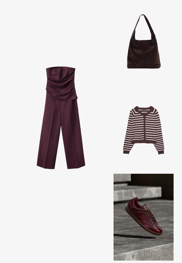 Stropfri blommefarvet jumpsuit med en rynket, foldet overdel og vidde bukser, vist mod en hvid baggrund.; Brun og creme-stribet cardigan, kort design, med rund halsudskæring og seks frontknapper, samt ribbede manchetter og kant.; Bordeauxfarvet lædersneaker med tre mørke striber, guldbogstaver, tekstureret sål og en glat finish. Hævet op mod en betonbaggrund.; Brun ruskind skuldertaske med et bredt, fladt håndtag. Blød, ustruktureret design med en central søm. Ingen synlig hardware eller udsmykninger.