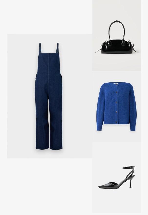 Marineblaues Denim-Overall mit weit ausgestellten Beinen, verstellbaren Trägern und Seitentaschen, das durch ein schlichtes, minimalistisches Design und eine glatte Textur besticht.; Blau gestrickte Strickjacke mit rundem Ausschnitt, langen Ärmeln und sechs schwarzen Knöpfen vorne. Texturiertes Gewebe mit weichem Finish.; Schwarzer spitzer High Heel mit dünnen Knöchelriemen und silberner Schnalle auf einfachem hellem Hintergrund.; Kleine schwarze glänzende Handtasche mit zwei langen Griffen und seitlichen Kordelzug-Details vor einfachem hellem Hintergrund.
