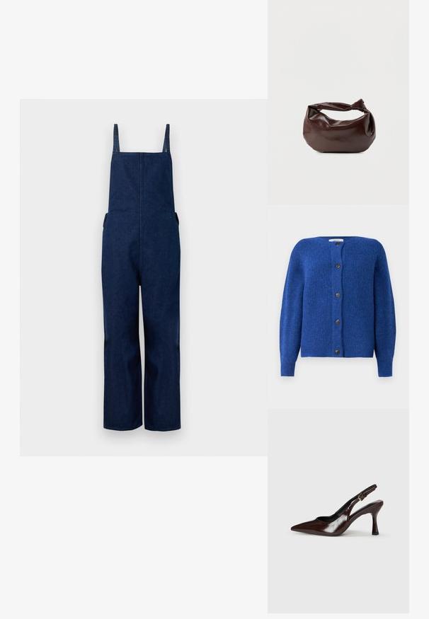 Marineblå denim overalls med brede ben, justerbare stropper og sidelommer, der har et rent, minimalistisk design og en glat tekstur.; Blå strikket cardigan med rund halsudskæring, lange ærmer og seks sorte knapper foran. Teksturstof med en blød finish.; Brune patenterede læderslingback-sandaletter med spids tå, en tynd hæl og justerbar rem med en lille spænde.; Mørkebrun læder skuldertaske med en blød, afslappet form og et snoet knudehåndtag på en ensartet hvid baggrund.