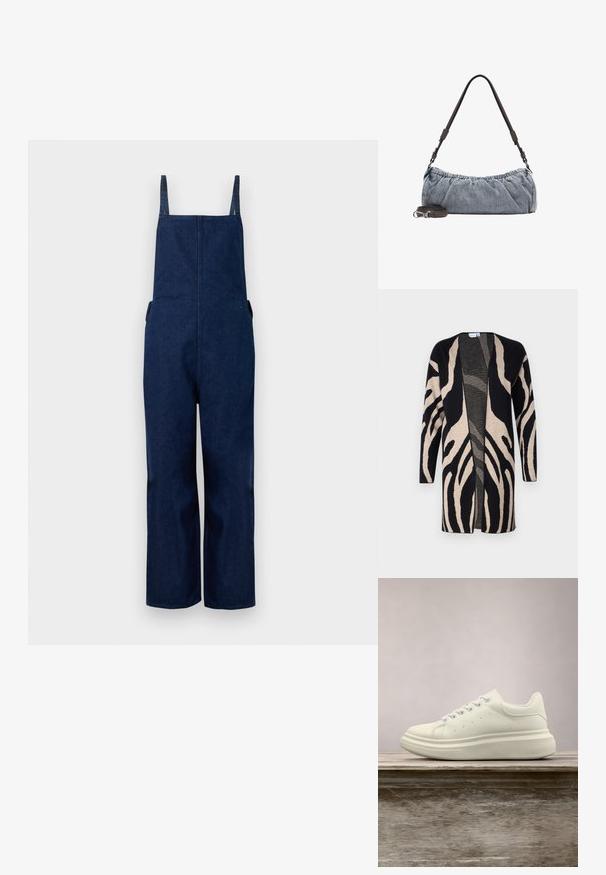 Marine denim dungarees met wijd uitlopende benen, verstelbare banden en zijzakken, met een strakke, minimalistische uitstraling en een zachte textuur.; Lang jack van zacht materiaal, met een zwart en beige zebrapatroon. Ontwerp met open voorkant, lange mouwen en een relaxte pasvorm.; Witte leren sneaker met ronde neus, gladde textuur en contrasterende veters. Heeft ventilatiegaten en een dikke rubberen zool voor comfort.; Kleine grijze denim schoudertas met een geplooide bovenkant en afneembare donkerbruine leren riem, geïsoleerd op een witte achtergrond.