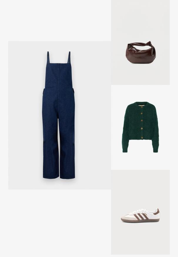 Tumed denim üleüldised püksid laia säärega, reguleeritavate rihmade ja küljetaskutega, millel on puhas, minimalistlik disain ja sile tekstuur.; Roheline soonik kardigan tekstuuriga mustriga, ümmargune kaelus ja viis pruuni nööpi ees. Lühendatud pikkus, ribadest mansetid.; Valge Adidas Samba toss pruunide seemisnahast triipude, pruuni kummist tallaga ja beežika seemisnahast varbakattaga, kujutatud välisküljelt ühevärvilise tausta peal.; Tumepruunast nahast õlakott, pehme ja lõdva vormiga, keeratud sõlme tüüpi sangaga, valgel ühevärvilisel taustal.