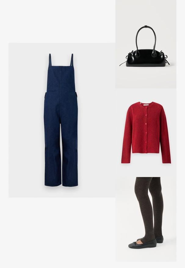 Marineblå denim overalls med brede ben, justerbare stropper og sidelommer, der har et rent, minimalistisk design og en glat tekstur.; Selected SLFLULU - Cardigan - equestrian red; Ben iført mørke ribbede leggings kombineret med sorte balletsko med små sløjfedetaljer på hvid baggrund.; Lille sort blank håndtaske med to lange håndtag og snøre-detaljer i siden på en ensfarvet lys baggrund.