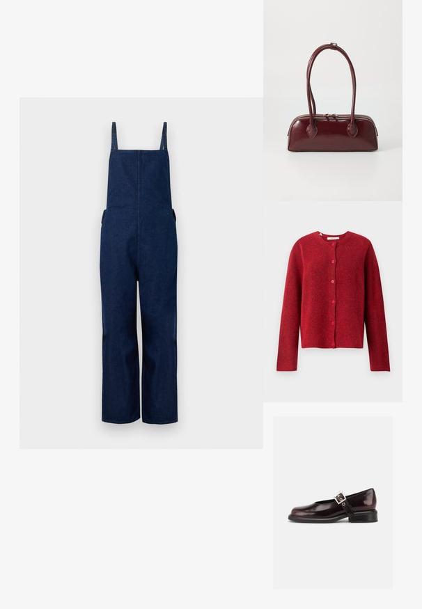 Marine denim dungarees met wijd uitlopende benen, verstelbare banden en zijzakken, met een strakke, minimalistische uitstraling en een zachte textuur.; Selected SLFLULU - Vest - equestrian red; Enkele glanzende donker bordeauxrode Mary Jane schoen met brede band en zilveren gesp, lage blokhak en afgeronde neus op witte achtergrond.; Bordeaux leren handtas met een gebogen vorm, dubbele handvatten, ritssluiting en subtiele stiksels. Gladde, hoogglanzende afwerking.