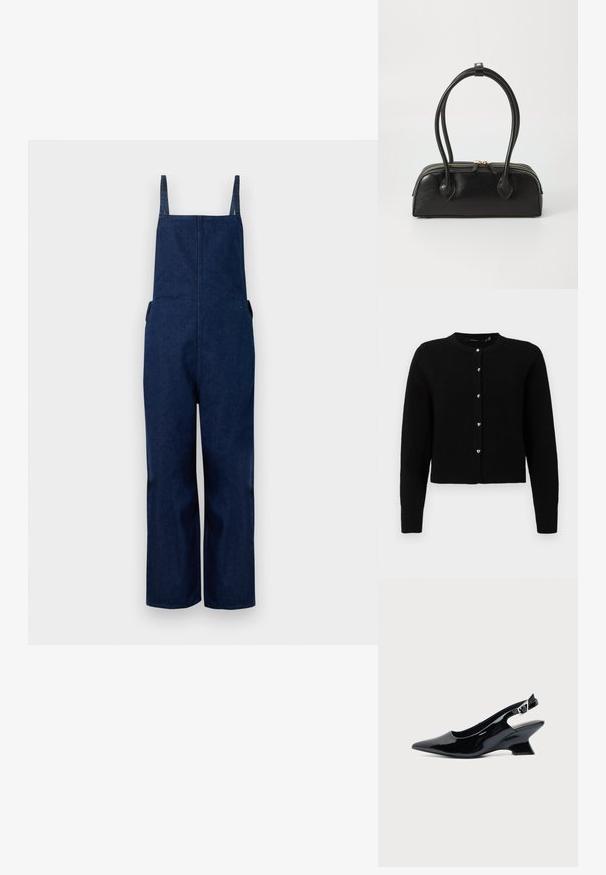 Marineblaues Denim-Overall mit weit ausgestellten Beinen, verstellbaren Trägern und Seitentaschen, das durch ein schlichtes, minimalistisches Design und eine glatte Textur besticht.; Schwarze Strickjacke aus weichem Strickstoff, runder Ausschnitt, lange Ärmel, fünf silberne herzförmige Knöpfe entlang der Vorderseite, gerippter Saum und Bündchen.; Schwarzer Slingback-Schuh aus Lackleder mit spitzer Spitze und niedrigem, schrägem Blockabsatz auf einfachem hellem Hintergrund.; Schwarze Lederhandtasche mit zwei verlängerten Griffen, Reißverschluss und runder Form; glatte Textur mit subtiler glänzender Oberfläche.