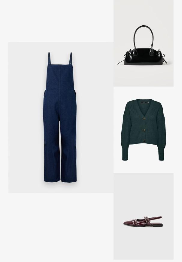 Marineblå denim overalls med brede ben, justerbare stropper og sidelommer, der har et rent, minimalistisk design og en glat tekstur.; Mørkegrøn chunky strikket cardigan med tre store knapper, V-hals, lange ærmer samt ribkant ved ærmer og skørt.; Bordeaux patentlæder slingback flad sandal med spids tå, der har dekorerede remme med metalliske detaljer.; Lille sort blank håndtaske med to lange håndtag og snøre-detaljer i siden på en ensfarvet lys baggrund.