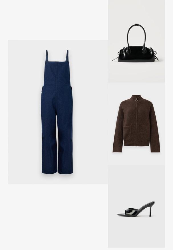 Marineblå denim overalls med brede ben, justerbare stropper og sidelommer, der har et rent, minimalistisk design og en glat tekstur.; Mørkebrun, fuzzy zip-up cardigan med høj hals, to forlommer og lange ærmer på en hvid baggrund.; Sorte patenterede læder open-toe mules med en smal strop og stiletto hæl. Glat tekstur og minimalistisk design med en flad sål.; Lille sort blank håndtaske med to lange håndtag og snøre-detaljer i siden på en ensfarvet lys baggrund.