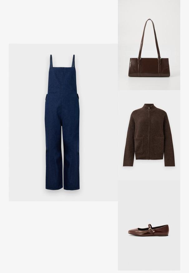 Marineblå denim overalls med brede ben, justerbare stropper og sidelommer, der har et rent, minimalistisk design og en glat tekstur.; Mørkebrun, fuzzy zip-up cardigan med høj hals, to forlommer og lange ærmer på en hvid baggrund.; Brun patentlæder balletflade med firkantet tå og strop med en lille guldbuckle. Glat tekstur, lav hæl og minimalistisk design.; Brun lakeret håndtaske med rektangulær form, to lange håndtag og subtile buede detaljer på fronten.
