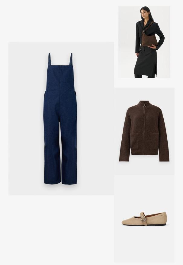 Marineblå denim overalls med brede ben, justerbare stropper og sidelommer, der har et rent, minimalistisk design og en glat tekstur.; Mørkebrun, fuzzy zip-up cardigan med høj hals, to forlommer og lange ærmer på en hvid baggrund.; Beige ruskind Mary Jane flade sko med spids tå og et enkelt justerbart strop med en sølv spænde. Sort flad sål.; Kvinde iført en sort blazer og nederdel, som holder en stor mørkebrun suedetaske mod en hvid baggrund.
