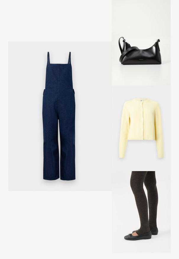 Salopette en denim marine avec jambes larges, bretelles ajustables et poches latérales, présentant un design épuré et minimaliste ainsi qu'une texture lisse.; Cardigan jaune à côtes avec manches longues, encolure ronde et cinq boutons sur le devant. Texture douce avec une coupe cropped.; Jambes portant des leggings côtelés foncés associés à des ballerines noires avec de petits détails en nœud sur fond blanc.; Sac à main en cuir noir avec une texture lisse. Dispose d'une bandoulière adjustable et d'un design élégant et minimaliste avec une fermeture éclair.