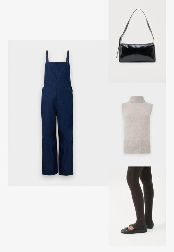 Marine denim dungarees met wijd uitlopende benen, verstelbare banden en zijzakken, met een strakke, minimalistische uitstraling en een zachte textuur.; Mouwloze beige gebreide turtleneck sweater vest met geribde kraag, armsgaten en zoom op een witte achtergrond.; Benen met donkere geribbelde leggings gecombineerd met zwarte ballerina's met kleine strikdetails op een witte achtergrond.; Zwarte rechthoekige schoudertas met een enkele verstelbare band en een bovenste ritssluiting op een effen achtergrond.