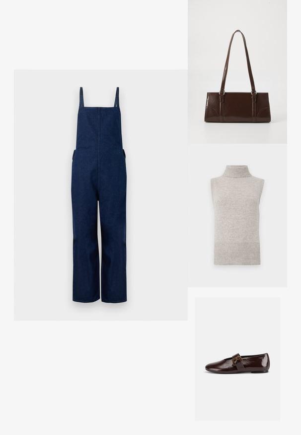 Marine denim dungarees met wijd uitlopende benen, verstelbare banden en zijzakken, met een strakke, minimalistische uitstraling en een zachte textuur.; Mouwloze beige gebreide turtleneck sweater vest met geribde kraag, armsgaten en zoom op een witte achtergrond.; Donkerbruine lakleren platte schoen met een grote gouden gesp en een afgeronde teen, zijaanzicht op een witte achtergrond.; Bruine lakleren handtas met een rechthoekige vorm, twee lange handvatten en subtiele gebogen accenten aan de voorkant.