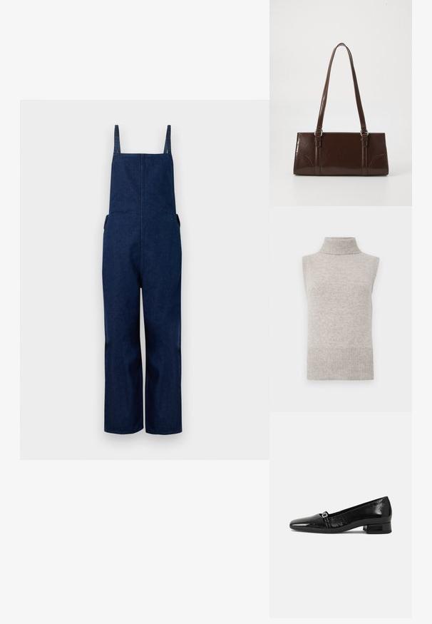 Pantalones de mezclilla azul marino con perneras amplias, tirantes ajustables y bolsillos laterales, que presentan un diseño limpio y minimalista con una textura suave.; Chaleco de punto sin mangas en color beige con cuello alto, sisas y dobladillo acanalados sobre un fondo blanco.; Bailarinas de charol negro con punta afilada, tacón cuadrado bajo y un pequeño detalle de hebilla metálica en la correa. Textura suave.; Bolso de mano de piel sintética marrón con forma rectangular, dos asas largas y sutiles acentos curvados en la parte delantera.